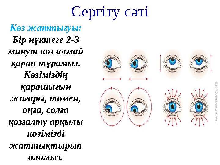 Сергіту сәті Көз жаттығуы: Бір нүктеге 2-3 минут көз алмай қарап тұрамыз. Көзіміздің қарашығын жоғары, төмен, оңға, солға