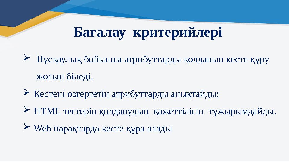 Бағалау критерийлері  Нұсқаулық бойынша атрибуттарды қолданып кесте құру жолын біледі.  Кестені өзгертетін атрибуттарды анық