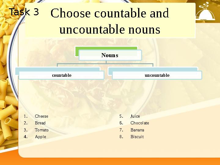 Choose countable and uncountable nounsChoose countable and uncountable nouns 1. Cheese 2. Bread 3. Tomato 4. Apple 5. Juice 6.