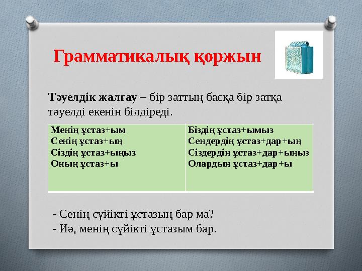 Грамматикалық қоржын Тәуелдік жалғау – бір заттың басқа бір затқа тәуелді екенін білдіреді. Менің ұстаз+ым Сенің