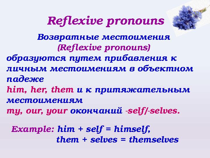 Reflexive pronouns Возвратные местоимения (Reflexive pronouns) образуются путем прибавления к личным местоимениям в объектном