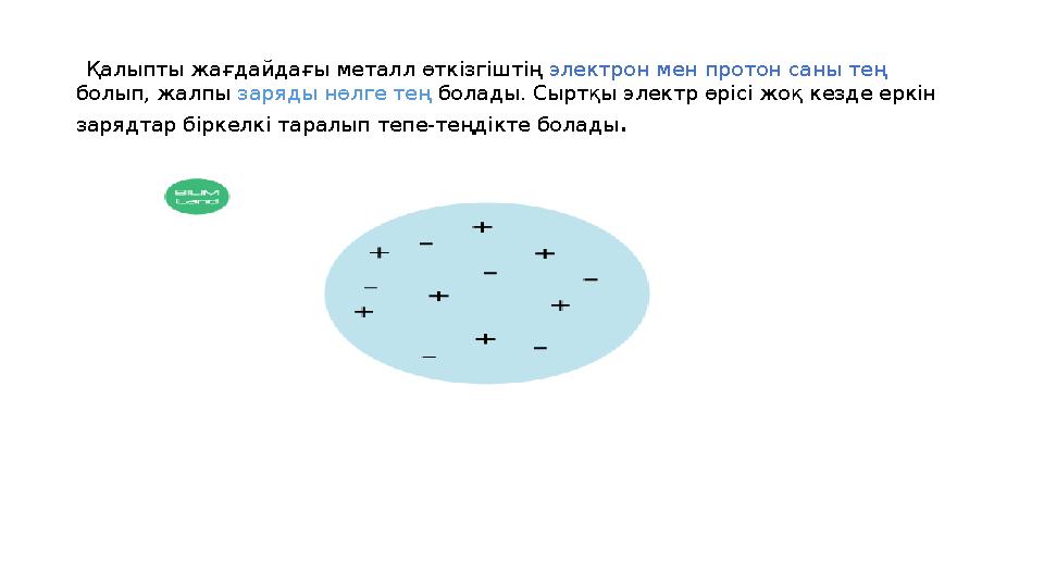 Қалыпты жағдайдағы металл өткізгіштің электрон мен протон саны тең болып, жалпы заряды нөлге тең болады. Сыртқы электр өрі