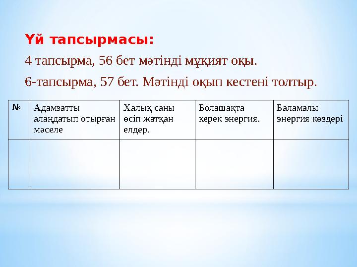 Үй тапсырмасы: 4 тапсырма, 56 бет мәтінді мұқият оқы. 6-тапсырма, 57 бет. Мәтінді оқып кестені толтыр. № Адамзатты алаңдатып о
