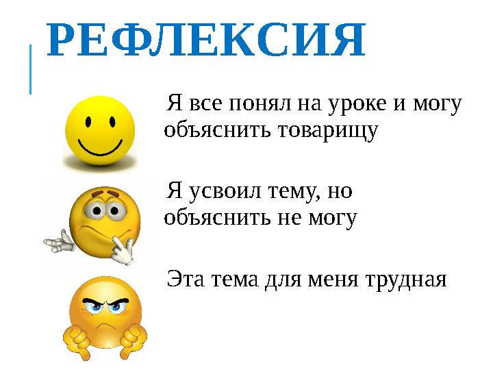 РЕФЛЕКСИЯ Я все понял на уроке и могу объяснить товарищу Я усвоил тему, но объяснить не могу Эта тема для меня трудная