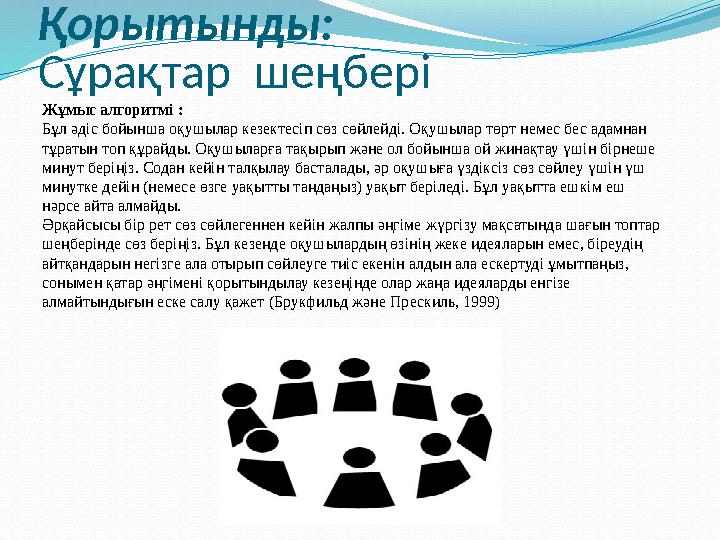 Жұмыс алгоритмі : Бұл әдіс бойынша оқушылар кезектесіп сөз сөйлейді. Оқушылар төрт немес бес адамнан тұратын топ құрайды. Оқу
