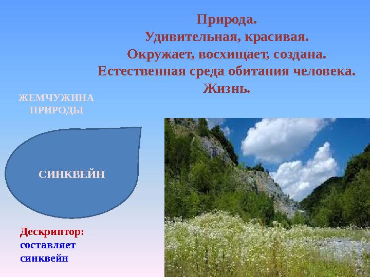 СИНКВЕЙН Природа. Удивительная, красивая. Окружает, восхищает, создана. Естественная среда обитания человека. Жизнь. Дескриптор:
