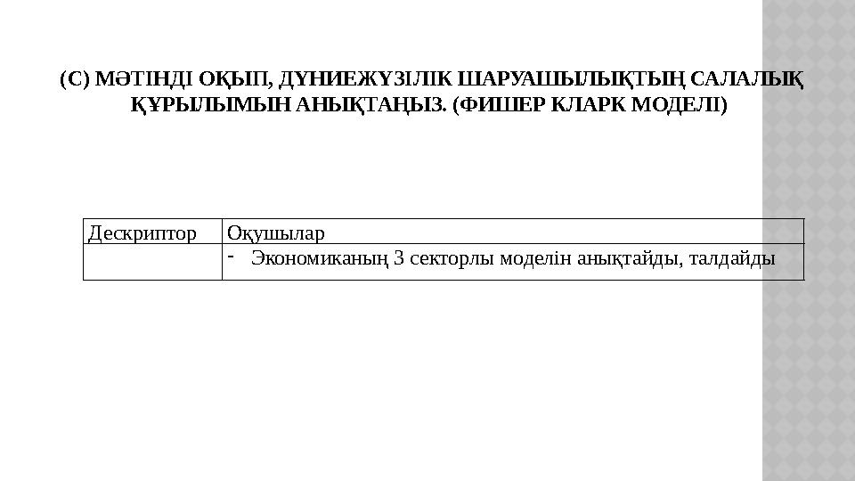 (С) МӘТІНДІ ОҚЫП, ДҮНИЕЖҮЗІЛІК ШАРУАШЫЛЫҚТЫҢ САЛАЛЫҚ ҚҰРЫЛЫМЫН АНЫҚТАҢЫЗ. (ФИШЕР КЛАРК МОДЕЛІ) Дескриптор Оқушылар  Экономи