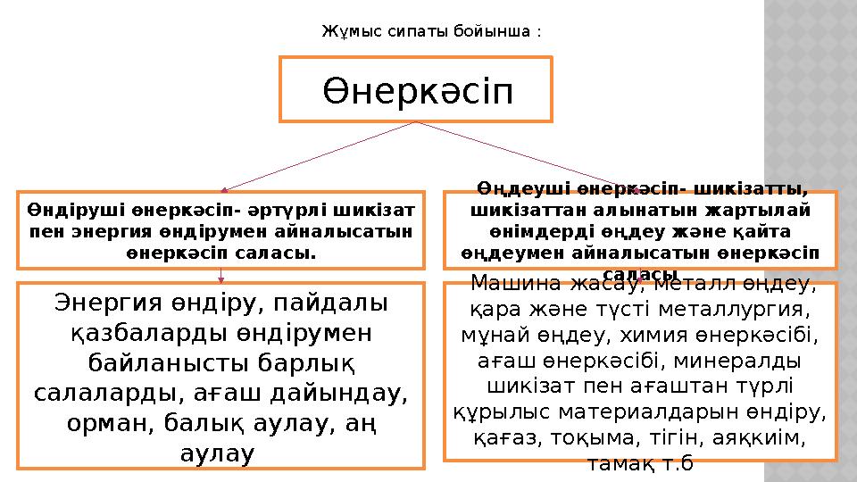 Жұмыс сипаты бойынша : Өнеркәсіп Өндіруші өнеркәсіп- әртүрлі шикізат пен энергия өндірумен айналысатын өнеркәсіп саласы. Ө