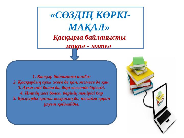 «СӨЗДІҢ КӨРКІ- МАҚАЛ» Қасқырға байланысты мақал - мәтел 1. Қасқыр байлағанға көнбес 2. Қасқырдың аузы жесе де қан, жемес