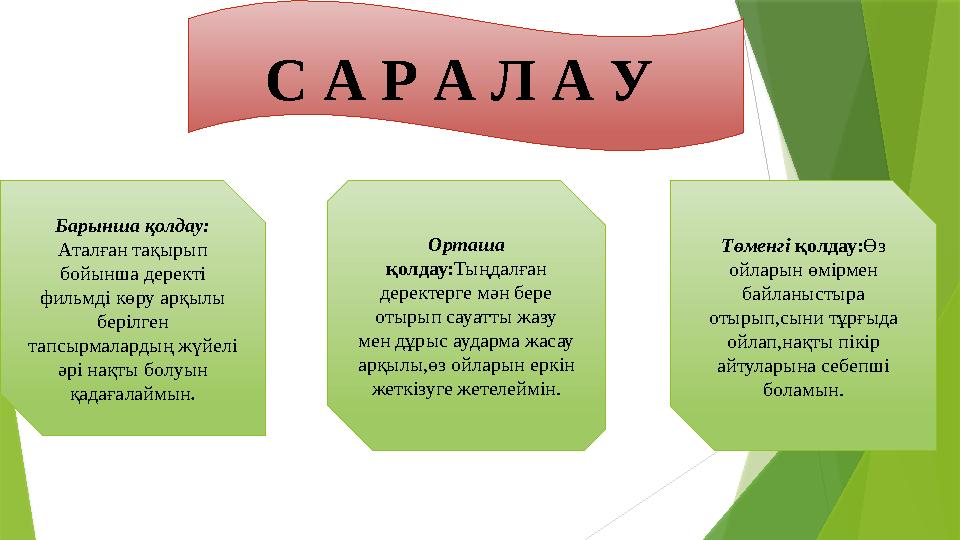 С А Р А Л А У Барынша қолдау: Аталған тақырып бойынша деректі фильмді көру арқылы берілген тапсырмалардың жүйелі әрі нақт