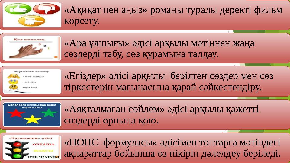 «Ақиқат пен аңыз» романы туралы деректі фильм көрсету. «Ара ұяшығы» әдісі арқылы мәтіннен жаңа сөздерді табу, сөз құрамына тал