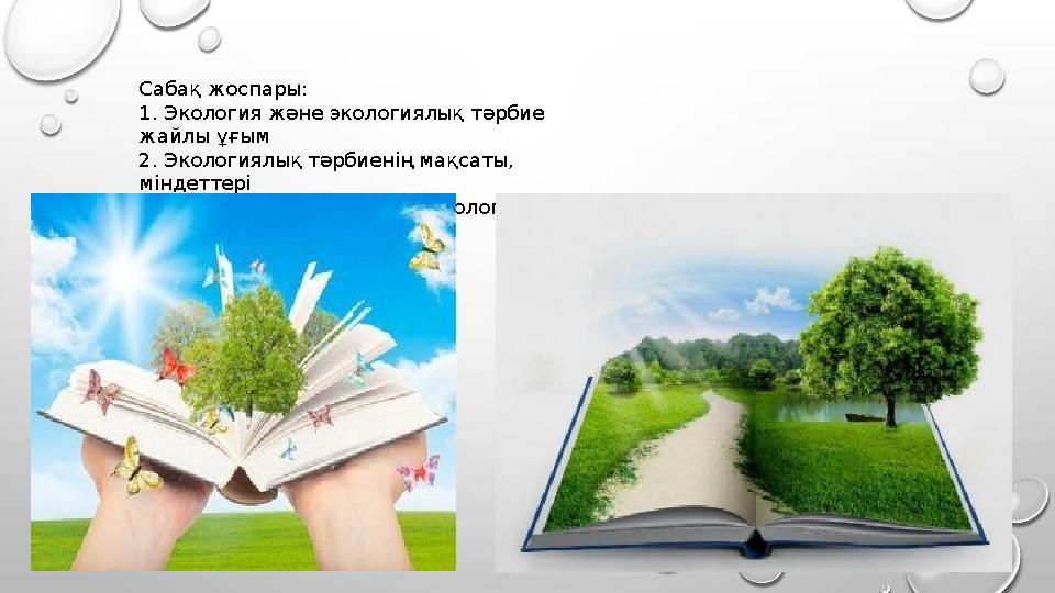 Сабақ жоспары: 1. Экология және экологиялық тәрбие жайлы ұғым 2. Экологиялық тәрбиенің мақсаты, міндеттері 3. Оқу-тәрбие пр