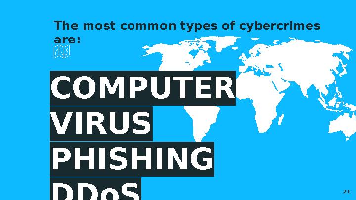 COMPUTER VIRUS PHISHING DDoS 24The most common types of cybercrimes are: