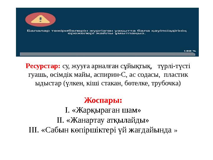 Жоспары: І. «Жарқыраған шам» ІІ. «Жанартау атқылайды» ІІІ. «Сабын көпіршіктері үй жағдайында »Ресурстар: су, жууға арналған сұ