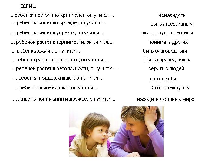 ЕЕЕЕЕЕЕС … ребенка постоянно критикуют, он учится ... ненавидеть … ребенок живет во вражде, он учится... ЕСЛИ… быть агрессив