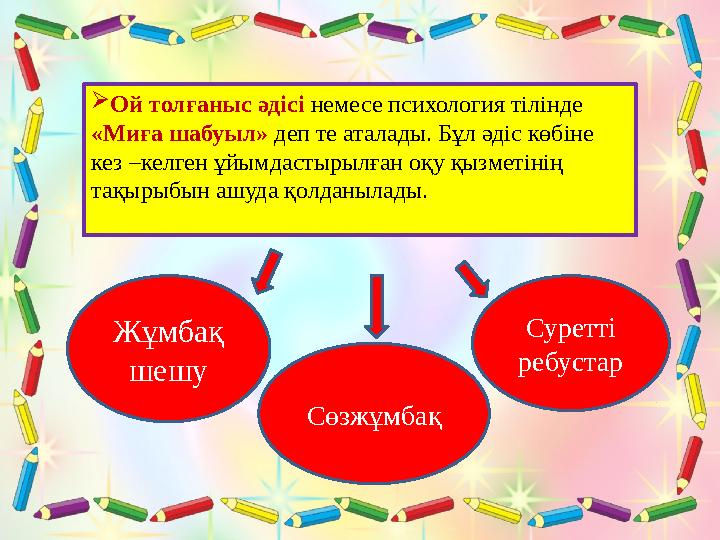 Ой толғаныс Ой толғаныс әдісі немесе психология тілінде «Миға шабуыл» деп те аталады. Бұл әдіс көбіне кез –келген ұйымдасты