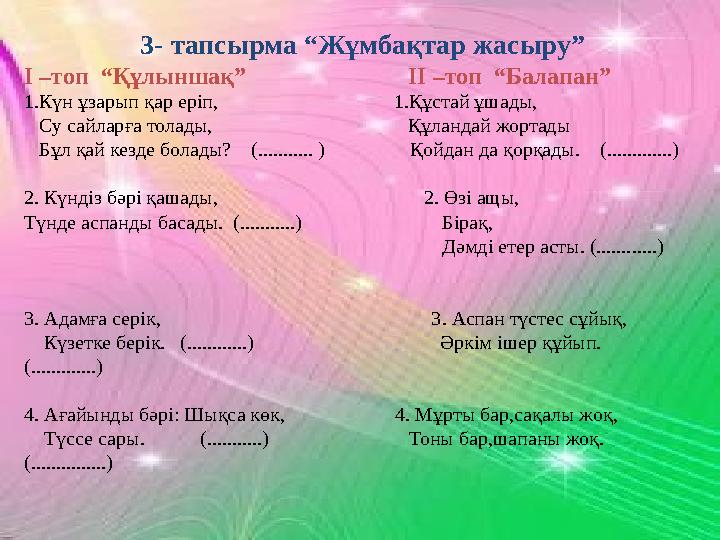 3- тапсырма “Жұмбақтар жасыру” І –топ “Құлыншақ” ІІ –топ “Балапан” 1.Күн ұзарып қар еріп,