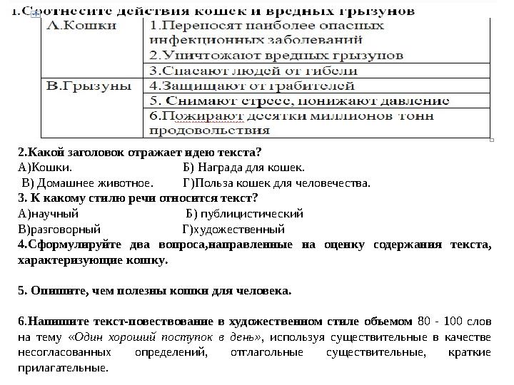 2. Какой заголовок отражает идею текста? А) Кошки . Б) Н а града для кошек .