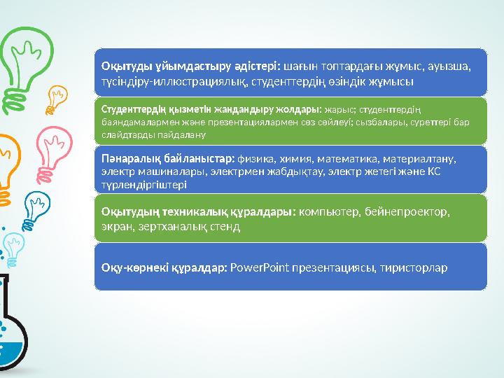 Оқытуды ұйымдастыру әдістері: шағын топтардағы жұмыс, ауызша, түсіндіру-иллюстрациялық, студенттердің өзіндік жұмысы Студентте
