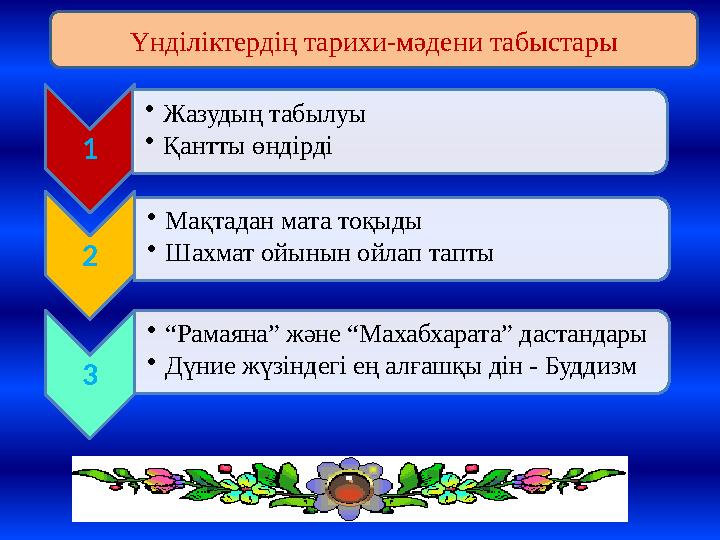 1 • Жазудың табылуы • Қантты өндірді 2 • Мақтадан мата тоқыды • Шахмат ойынын ойлап тапты 3 • “ Рамаяна” және “Махабхарата” даст