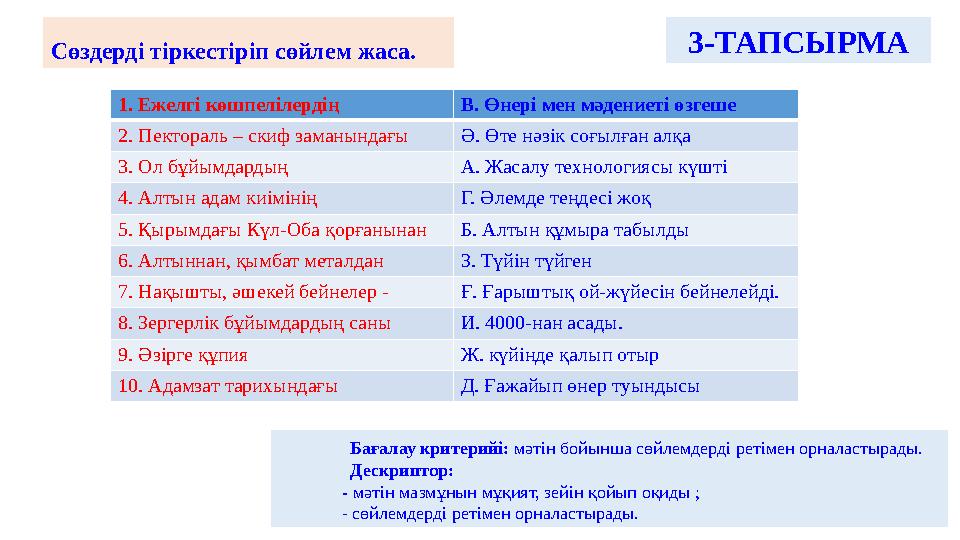 Сөздерді тіркестіріп сөйлем жаса. Бағалау критерийі: мәтін бойынша сөйлемдерді ретімен орналастырады. Дескриптор: