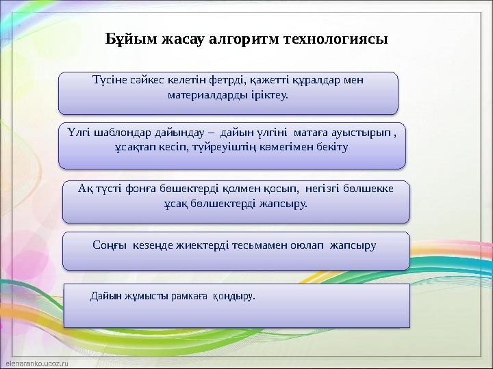 Бұйым жасау алгоритм технологиясы Дайын жұмысты рамкаға қоңдыру. Түсіне сәйкес келетін фетрді, қажетті құралдар мен м