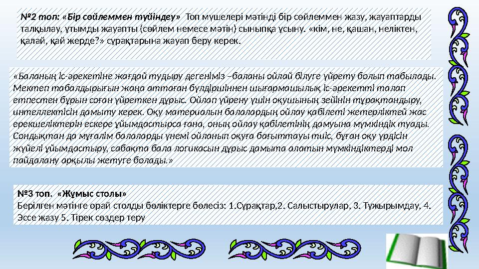 № 2 топ: «Бір сөйлеммен түйіндеу» Топ мүшелері мәтінді бір сөйлеммен жазу, жауаптарды талқылау, ұтымды жауапты (сөйлем немесе