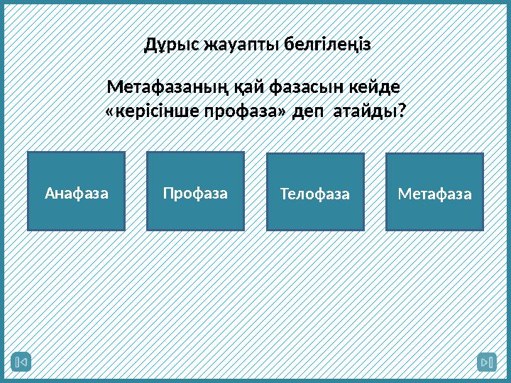 Дұрыс жауапты белгілеңіз МетафазаТелофазаПрофазаАнафаза Метафазаның қай фазасын кейде «керісінше профаза» деп атайды?