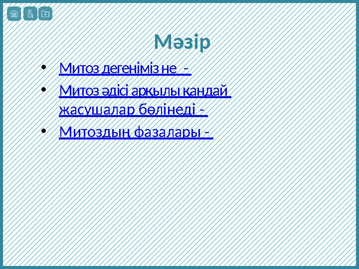 Мәзір • Митоз дегеніміз не - • Митоз әдісі арқылы қандай жасушалар бөлінеді - • Митоздың фазалары -