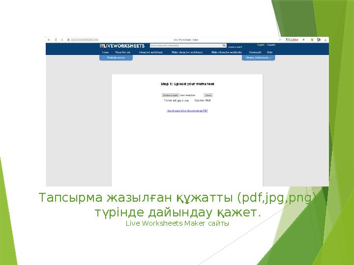 Тапсырма жазылған құжатты (pdf,jpg,png) түрінде дайындау қажет. Live Worksheets Maker сайты