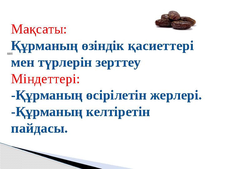 Мақсаты: Құрманың өзіндік қасиеттері мен түрлерін зерттеу Міндеттері: -Құрманың өсірілетін жерлері. -Құрманың келтіретін пайд