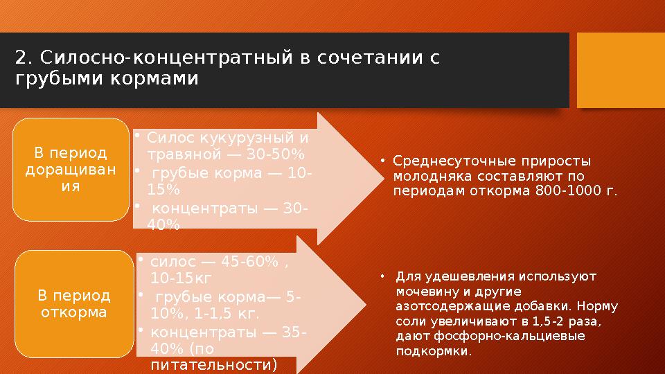 2 . Силосно-концентратный в сочетании с грубыми кормами • Среднесуточные приросты молодняка составляют по периодам откорма 8