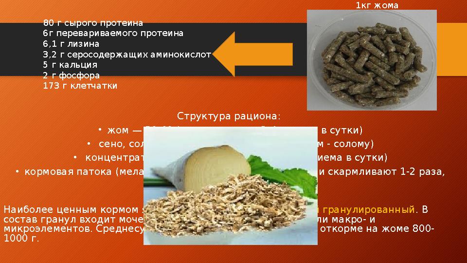 Структура рациона: • жом — 50-60 (скармливают в 3-4 приема в сутки) • сено, солома — 15-20 (утром-сено, вечером - солому) •