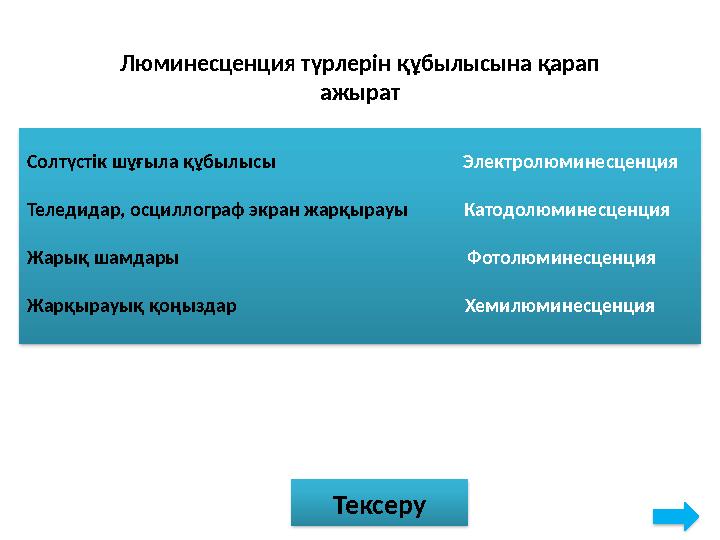 Люминесценция түрлерін құбылысына қарап ажырат Солтүстік шұғыла құбылысы Электролюмине