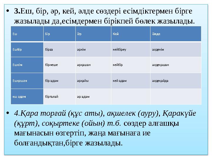 • 3. Еш, бір, әр, кей, әлде сөздері есімдіктермен бірге жазылады да,есімдермен бірікпей бөлек жазылады. • 4.Қара торғай (құс ат