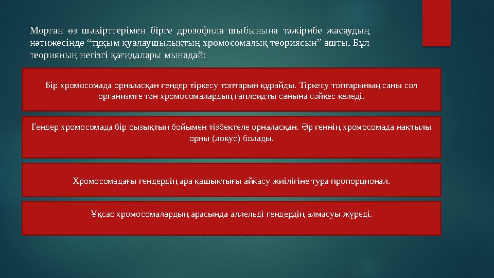 Морган өз шәкірттерімен бірге дрозофила шыбынына тәжірибе жасаудың нәтижесінде “тұқым қуалаушылықтың хромосомалық теория
