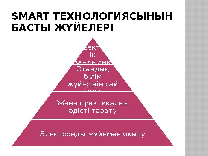 SMART ТЕХНОЛОГИЯСЫНЫН БАСТЫ ЖҮЙЕЛЕРІ Объективт ік заңдылық Отандық білім жүйесінің сай келуі Жаңа практикалық әдісті тар