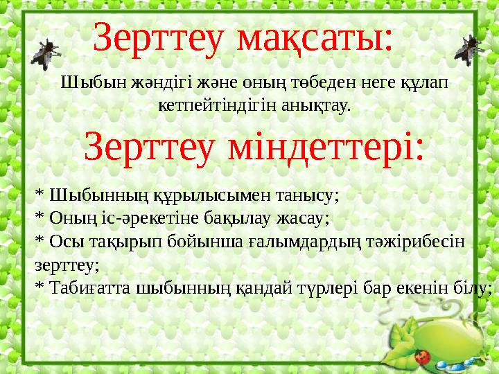 Зерттеу мақсаты: Шыбын жәндігі және оның төбеден неге құлап кетпейтіндігін анықтау. Зерттеу міндеттері: * Шыбынның құрылысымен