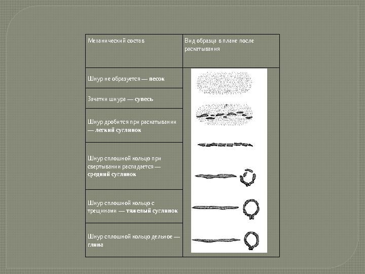 Механический состав Вид образца в плане после раскатывания Шнур не образуется — песок Зачатки шнура — супесь Шнур дробится пр