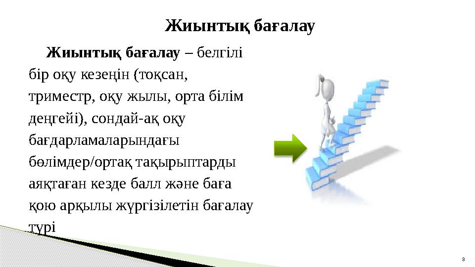 Жиынтық бағалау 3Жиынтық бағалау – белгілі бір оқу кезеңін (тоқсан, триместр, оқу жылы, орта білім деңгейі), сондай-ақ оқу