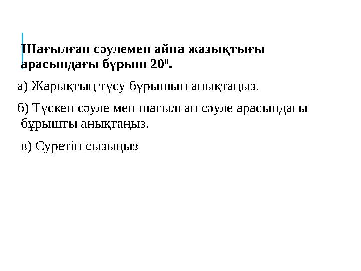 Шағылған сәулемен айна жазықтығы арасындағы бұрыш 20 0 . а) Жарықтың түсу бұрышын анықтаңыз. б) Түскен сәуле мен шағылған с