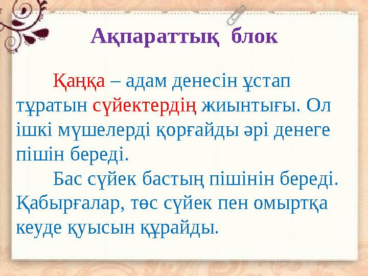 Қаңқа – адам денесін ұстап тұратын сүйектердің жиынтығы. Ол ішкі мүшелерді қорғайды әрі денеге пішін береді. Бас сүйек бас