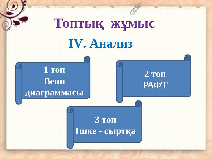 Топтық жұмыс IV . Анализ 1 топ Венн диаграммасы 2 топ РАФТ 3 топ Ішке - сыртқа