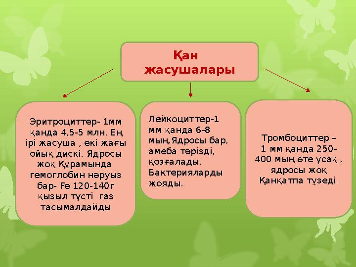 Қан жасушалары Эритроциттер - 1мм қанда 4 , 5-5 млн. Е ң ірі жасуша , екі жағы ойық дискі. Ядросы жоқ Құрамында гем Қан жасушалары Эритроциттер - 1мм қанда 4 , 5-5 млн. Е ң ірі жасуша , екі жағы ойық дискі. Ядросы жоқ Құрамында гем