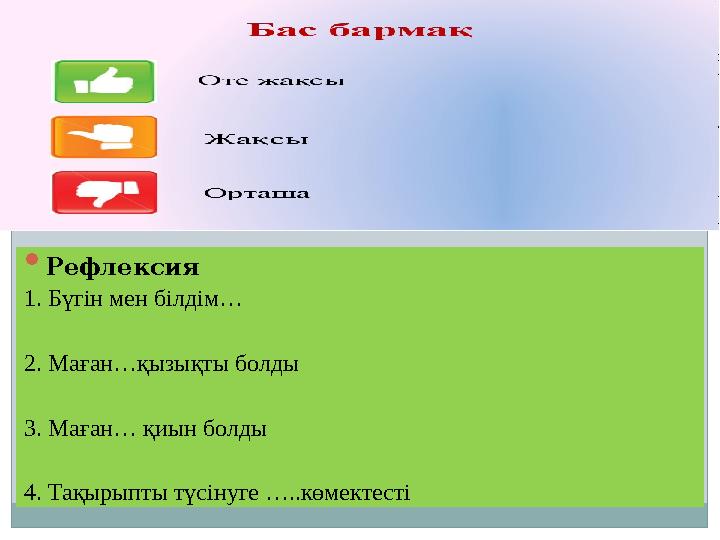  Рефлексия 1. Бүгін мен білдім… 2. Маған…қызықты болды 3. Маған… қиын болды 4. Тақырыпты түсінуге …..көмектесті