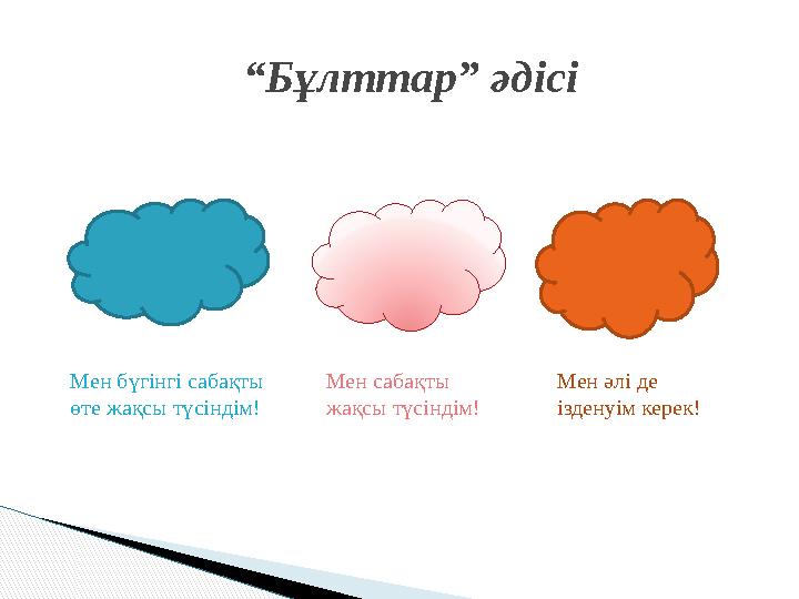 “ Бұлттар” әдісі Мен бүгінгі сабақты өте жақсы түсіндім! Мен сабақты жақсы түсіндім! Мен әлі де ізденуім ке