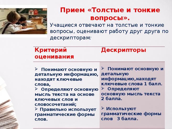 Прием «Толстые и тонкие вопросы». Учащиеся отвечают на толстые и тонкие вопросы, оценивают работу друг друга по дескрипторам