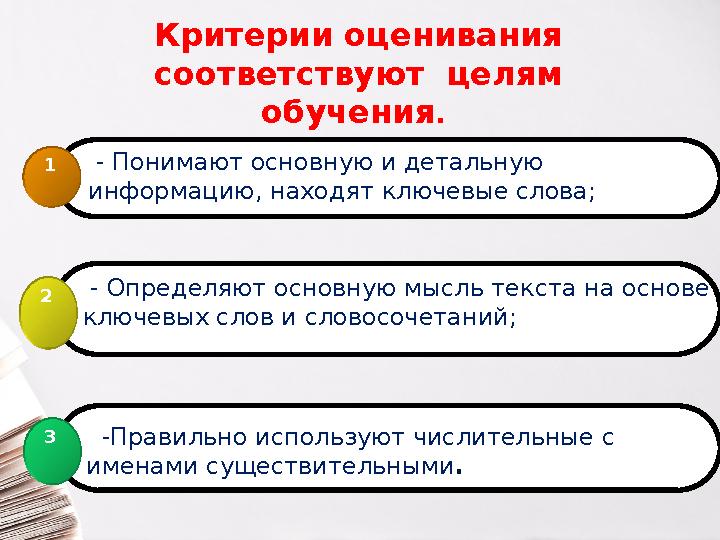 Критерии оценивания соответствуют целям обучения . - Понимают основную и детальную информацию, находят ключевые слова;1