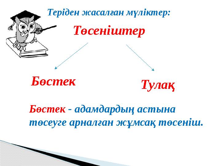 Төсеніштер Бөстек Тулақ Бөстек - адамдардың астына төсеуге арналған жұмсақ төсеніш. Теріден жасалған мүліктер: