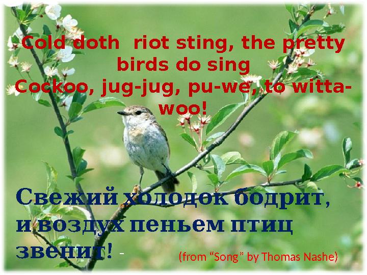 Cold doth riot sting, the pretty birds do sing Cockoo, jug-jug, pu-we, to witta- woo! ,Свежий холодок бодрит и воз